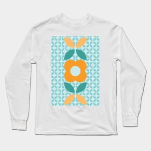 Retro Flower, Geo Pattern in aqua, orange and teal Long Sleeve T-Shirt